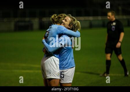 Ellen White of Manchester City Women (L) celebrates scoring her sides second goal with Lauren Hemp of Manchester City Women (R). Barclays Women's Super league match, Bristol city women v Manchester City women at Twerton Park in Bath, Avon on Wednesday 17th March 2021. this image may only be used for Editorial purposes. Editorial use only, license required for commercial use. No use in betting, games or a single club/league/player publications. pic by Lewis Mitchell/Andrew Orchard sports photography/Alamy Live news Stock Photo