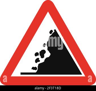 Triangular traffic signal in white and red, isolated on white background. Warning of falling rocks Stock Vector