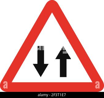 Triangular traffic signal in white and red, isolated on white background. Warning of two-way traffic straight ahead Stock Vector