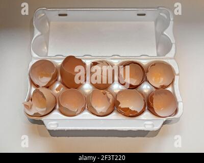 Cracked Eggs Broken Eggshells in Box Package Stock Photo