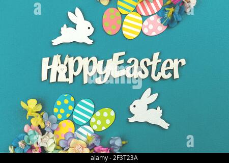 Easter background with easter eggs, postcard with holiday decorations Stock Photo