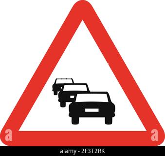 Triangular traffic signal in white and red, isolated on white background. Warning of vehicle jam Stock Vector