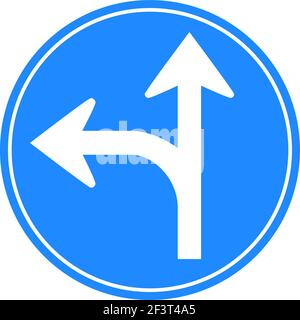 Rounded traffic signal in blue and white, isolated on white background. Compulsory ahead or turn left Stock Vector