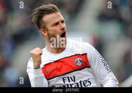 FOOTBALL - FRENCH CHAMPIONSHIP 2012/2013 - L1 - STADE RENNAIS v PARIS SAINT GERMAIN - RENNES (FRA) - 6/04/2013 - PHOTO PASCAL ALLEE / DPPI - JOY DAVID BECKHAM (PSG) SCORES THE SECOND GOAL FOR HIS TEAM Stock Photo