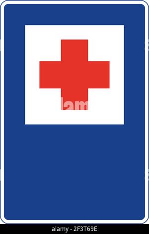 Rectangular traffic signal in blue and white, isolated on white background. Aid station Stock Vector
