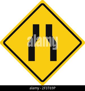 Rhomboid traffic signal in yellow and black, isolated on white background. Warning of narrow road ahead Stock Vector