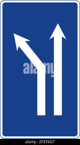 Rectangular traffic signal in blue and white, isolated on white background. Fork to the left on a two-lane road Stock Vector