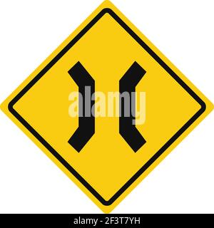 Rhomboid traffic signal in yellow and black, isolated on white background. Warning of road narrowing Stock Vector