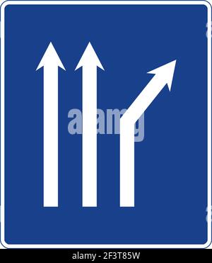Rectangular traffic signal in blue and white, isolated on white background. Fork to the right on a three-lane road Stock Vector