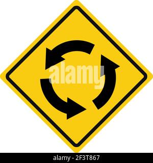 Rhomboid traffic signal in yellow and black, isolated on white background. Warning of roundabout ahead Stock Vector