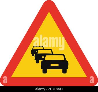 Triangular traffic signal in yellow and red, isolated on white background. Temporary warning of vehicle jam Stock Vector