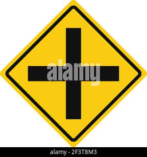 Rhomboid traffic signal in yellow and black, isolated on white background. Warning of crossroad Stock Vector
