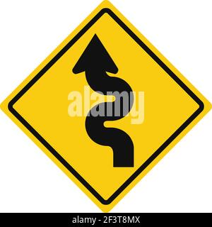 Rhomboid traffic signal in yellow and black, isolated on white background. Warning of winding road Stock Vector