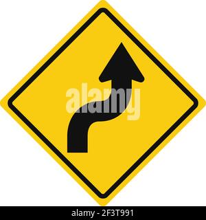 Rhomboid traffic signal in yellow and black, isolated on white background. Warning of reverse turn starting with right turn Stock Vector