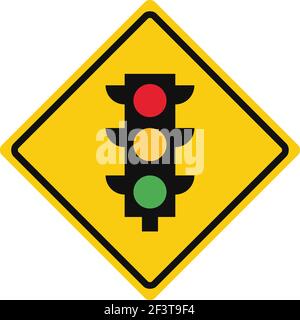 Rhomboid traffic signal in yellow and black, isolated on white background. Warning of traffic lights ahead Stock Vector