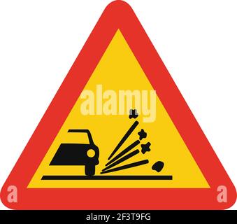 Triangular traffic signal in yellow and red, isolated on white background. Temporary warning of loose gravel Stock Vector