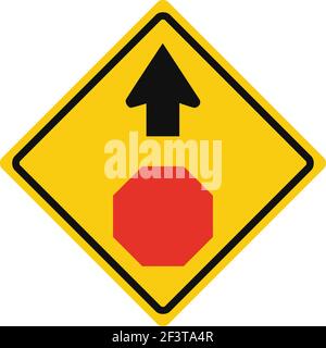 Rhomboid traffic signal in yellow and black, isolated on white background. Warning of stop ahead Stock Vector