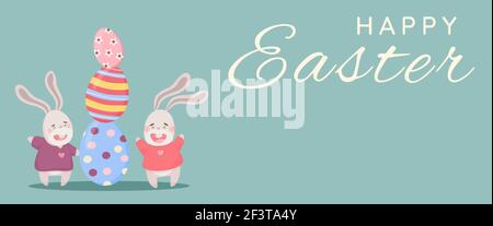 Easter poster and banner template with Easter eggs and bunnies on pastel background. Stock Vector