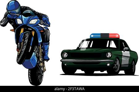 Police car is chasing a criminal on a motorcycle. Stock Vector