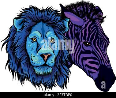 heads of colored zebra and lion vector illustration Stock Vector