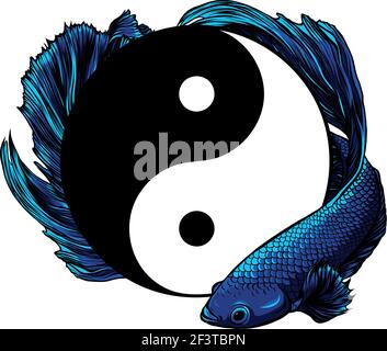 betta splendens fish around Yin Yang vector illustration Stock Vector