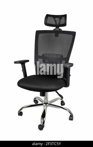 Mesh ergonomic office chair isolated on white background. Modern comfortable armchair with adjustable headrest and armrests, lumbar support. Stock Photo