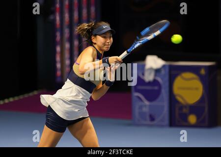 Xinyu Wang of China in action against Svetlana Kuznetsova of Russia during the St.Petersburg Ladies Trophy 2021 tennis tournament at Sibur Arena. Final score: (Svetlana Kuznetsova 2-0 Xinyu Wang) Stock Photo