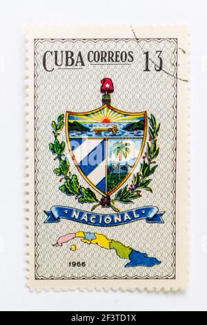 National coat of arms of Cuba seen on a vintage stamp from 1966 Stock Photo