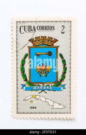 Coat of arms of Havana province in Cuba seen on a vintage stamp from 1966 Stock Photo