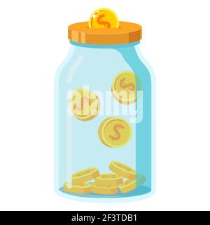 Glass money jar full gold coins.Saving dollar.To invest money.Vector flat illustration. Stock Vector
