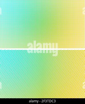 Two abstract turquoise, green and yellow gradient halftone backgrounds in 4k resolution. Dotted patterns for template, brochure, business card etc. Stock Photo