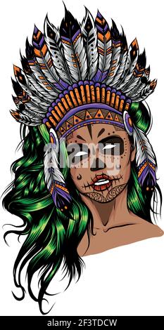 Beautiful girl in a headdress of North American Indians. Stock Vector