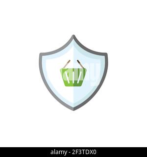 Secure purchase. Security shield and shopping basket. Flat color icon. Isolated commerce vector illustration Stock Vector