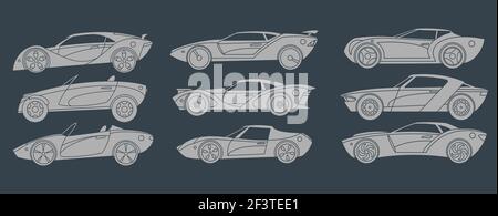 A set of super cars. Light silhouettes. Side view Vector illustration Stock Vector