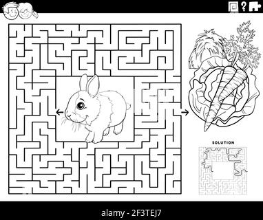 Black and white cartoon illustration of educational maze puzzle game for children with rabbit animal character with hay, carrot and lettuce coloring b Stock Vector