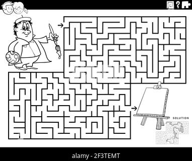 https://l450v.alamy.com/450v/2f3temt/black-and-white-cartoon-illustration-of-educational-maze-puzzle-game-for-children-with-painter-and-easel-coloring-book-page-2f3temt.jpg