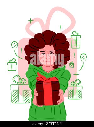 Vector girl with a gift in shadow of sharp lines style Stock Vector