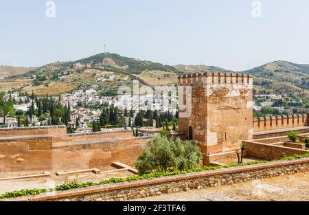 Tower and panoramic view at The Alcazaba, a fortress, one of the oldest parts of the Alhambra, Alhambra y Generalife, Granada, Andalusia, Spain Stock Photo