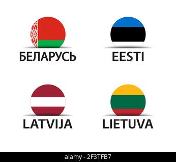 Belarus, Estonia, Latvia and Lithuania. Set of four Belarussian, Estonian, Latvian and Lithuanian stickers. Simple icons with flags isolated on a whit Stock Vector