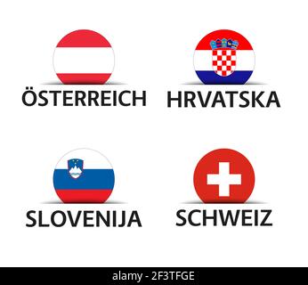 Austria, Croatia, Slovenia and Switzerland. Set of four Austrian, Croatian, Slovenian and Swiss stickers. Simple icons with flags isolated on a white Stock Vector