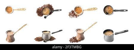 Set of Turkish coffee brewing pots on white background Stock Photo