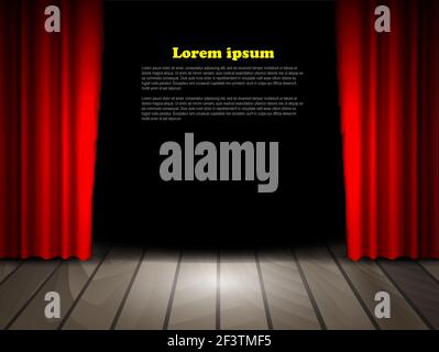 Theater stage with wooden floor and red curtains. Stock Vector
