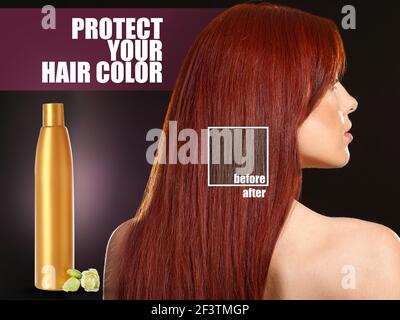 Beautiful redhead woman before and after taking care of her colored hair on dark background Stock Photo