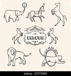 Animal vector emblems, logos, labels set. Animal circus emblem, elephant logo circus, lion label circus performance illustration Stock Vector