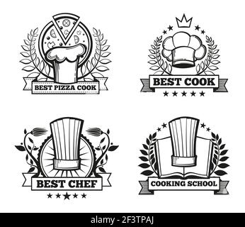 Vector chef hat labels template for restaurant menu design. Label best cook, best chef label, best pizza cook label illustration Stock Vector
