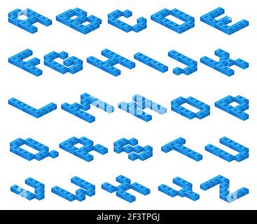 Isometric 3D vector font of plastic blue cubes constructor. Toy constructor alphabet, abc constructor typeface, childhood constructor abc, structure b Stock Vector