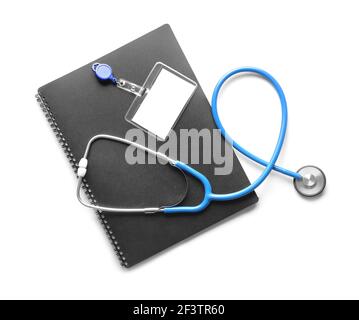 Blank badge and stethoscope on white background Stock Photo - Alamy