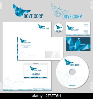 Vector stationery template desig with origami pigeon logo. Corporate identity. Dove corporate, business card with dove logo, branding dove corporate i Stock Vector