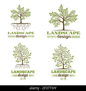 Landscape design company emblems. Tree with roots logo design. Tree landscape design logo, nature landscape design,  organic landscape design. Vector Stock Vector