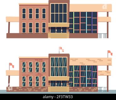 School building on white background. Building university with flag, building of institute college in flat style. Vector illustration Stock Vector